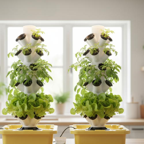 Hydroponic towers on kitchen table